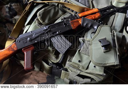 AKM(Avtomat Kalashnikova) version of Kalashnikov assault rifle. October 16, 2020. Kiev Region, Ukraine