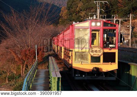 Arashiyama, Kyoto, Japan November 17, 2017: Classic Train On Autumn At Kameoka Torokko Station It Is