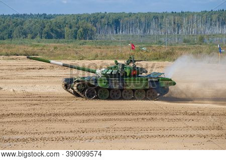 Alabino, Russia - August 25, 2020: Tank T-72b3 Of The Team Of Kyrgyzstan On The Track. Fragment Of T