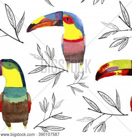 Seamless Pattern With Watercolor Tropical Exotic Pink Flowers, Green Leaves, Birds Tukan - Vector