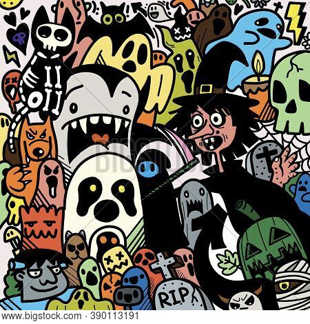 Happy Halloween Illustration, Wolfman, Spooky, Vampire And Witch Surrounding The Ghost Lovely Happy