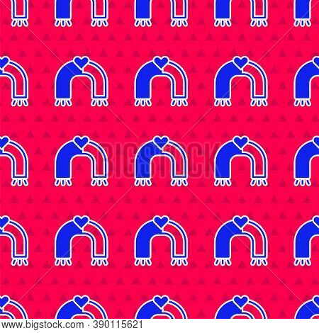 Blue Love Magnet Icon Isolated Seamless Pattern On Red Background. Vector