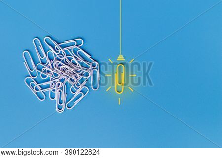 Great Ideas Concept With Paperclip,thinking,creativity,light Bulb On Blue Background,new Ideas Conce