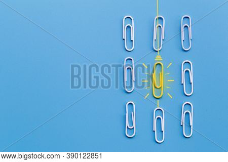 Great Ideas Concept With Paperclip,thinking,creativity,light Bulb On Blue Background,new Ideas Conce
