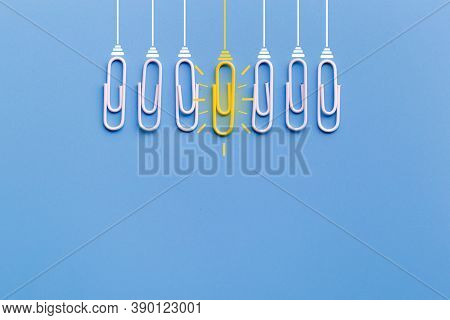 Great Ideas Concept With Paperclip,thinking,creativity,light Bulb On Blue Background,new Ideas Conce