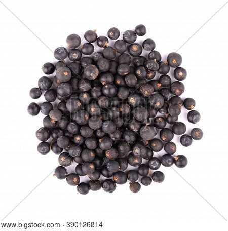 Dry Juniper Berries, Isolated On White Background. Common Juniper Fruits. Top View.