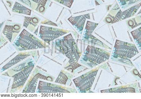 10 Croatian Kuna Bills Lies In Big Pile. Rich Life Conceptual Background