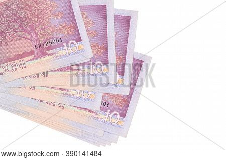 10 Estonian Kroon Bills Lies In Small Bunch Or Pack Isolated On White. Mockup With Copy Space. Busin