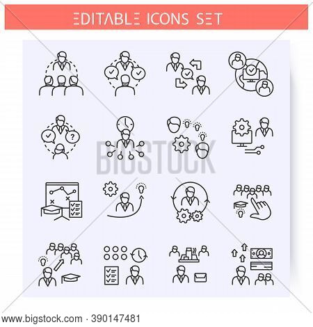 Mentoring Types Line Icons Set. Mentoring Technologies, Ways, Specifications. Training Workshop. Gui