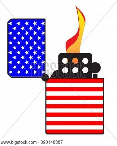 A Typical Open And Ignitied Cigarette Lighter With A United States Of America Old Glory Flag Motif
