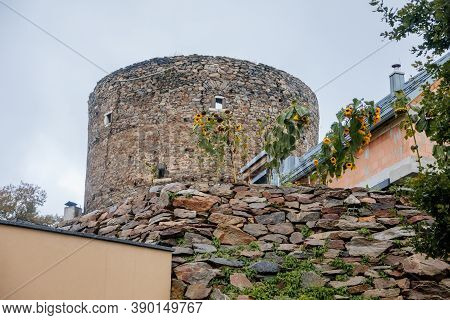 Old Stone Round Tower Near Vimperk (winterberg) Castle, Renaissance Chateau In The National Park Sum