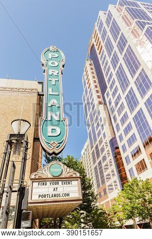 Portland, Or, Usa - June 27, 2018: Famous Street Sign Portland On The Building Of Arlene Schnitzer C
