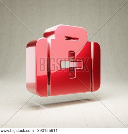 Medkit Icon. Gold Glossy Medkit Symbol Isolated On White Concrete Background. Modern Icon For Websit