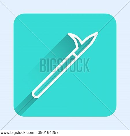 White Line Metal Pike Pole With Wooden Handle Icon Isolated With Long Shadow. Spear, Pickaxe, Hook H