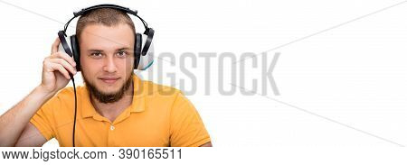 Web Banner Of Hearing Solutions. Positive Man Getting A Hearing Test, Audiometer Hearing Test. Isola
