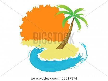 Tropisk palme på øen med havet. Vektor logo.