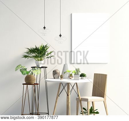 Mock Up Poster In Interior With Dining Area. Living Room Modern Style. 3d Illustration