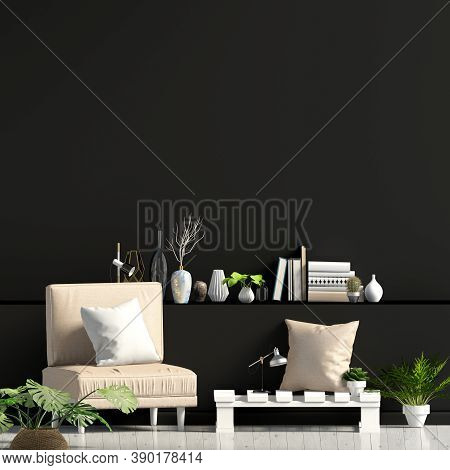 Iinterior Design In Contemporary Style. Mock Up Wall. 3d Illustration.