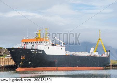 Hofn Iceland - July 5. 2020: Reefer Silver Fjord At The Pier In Port Of Hornafjordur In Iceland