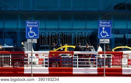 Otopeni, Romania - September 21, 2020: A Reserved Handicapped Parking Sign Is Seen In The Parking Of