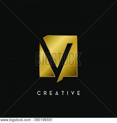 Golden Square Negative Space V Letter Logo. Creative Design Concept Square Shape With Negative Space
