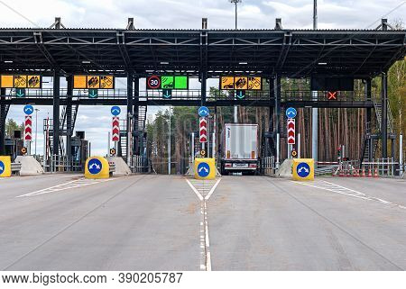 Lorry Going Through Toll Plaza Gate At Toll Road, Tver Region, 15/10/2020