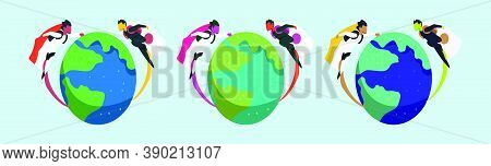 Set Of Exchange Students Concept Cartoon Icon Design Template With Earth. Vector Illustration Isolat