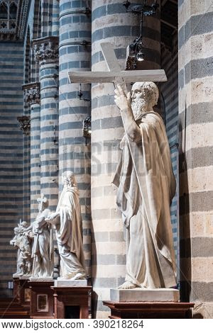 Orvieto, Italy - August 22 2020: Sculpture Or Statue Of Saint Andrew And The Apostles In The Cathedr