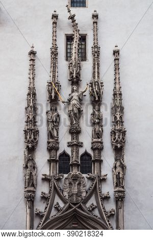 Brno Old Town Hall Or Stara Radnice Entrance Facade With Crooked Phial In Moravia, Czech Republic