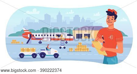 Delivery Logistics By Airplane, Parcels Shipping And Warehouse, Flat Design. Avia Delivery, Cargo Fr