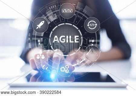 Agile Development Methodology Concept On Virtual Screen. Technology Concept.