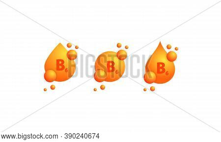 Vitamin B6 Icon Set. Shining Golden Drop Of Substance. Beauty Treatment Nutrition Skin Care Design. 