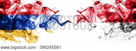 Armenia Vs Monaco, Monacan Smoky Mystic Flags Placed Side By Side. Thick Colored Silky Abstract Smok