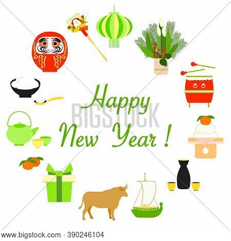 Symbols Of The Japanese New Year 2021 Ox, Daruma, Asian Lantern, Kettle Cup, Food, Rake, Tangerines,
