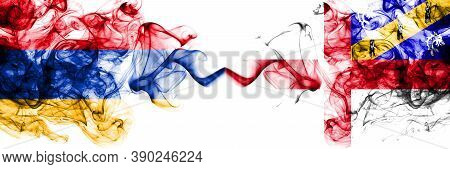 Armenia Vs United Kingdom, Great Britain, British, Herm  Smoky Mystic Flags Placed Side By Side. Thi