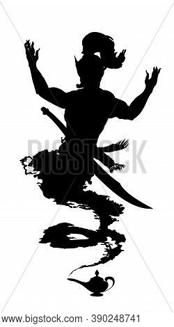 Arabic Genie Lamp Black Silhouette Isolated On White Background. Outline Of Figure Of Hero Of Easter