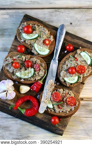 Sandwiches With Patt And Cherry Tomatoes. Liver Pate, Chanok, Hot Pepper.