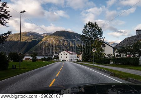 Eidsdal Norway Entering The Small Town Of Eidsdal At Evening