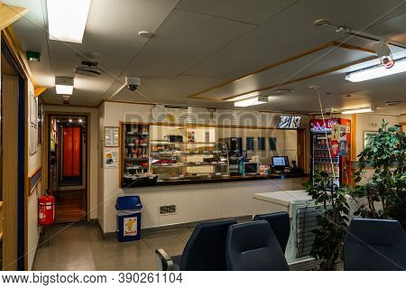 Editorial 09.07.2019 Eidsdal Norway Cafe On Board The Small Car Ferry Geiranger