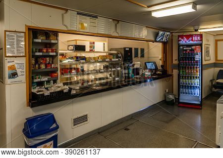 Editorial 09.07.2019 Eidsdal Norway Cafe On Board The Small Car Ferry Geiranger
