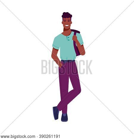 African American Man With Broad White Smile, Handsome Person With Backpack Isolated College Or Unive