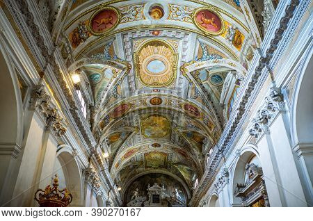 Lucca, Italy - June 5, 2018:  San Frediano Basilica, The Vault Of The Madonna Del Soccors Chapel