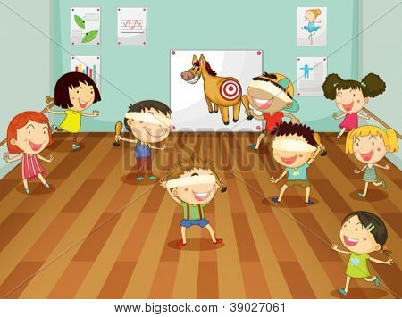 孩子们玩游戏在一个房间里的插图