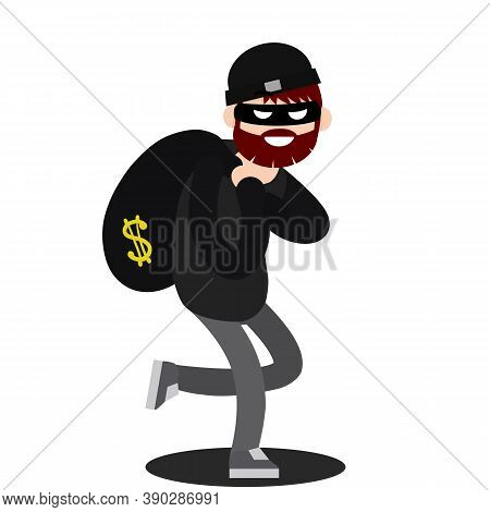 Thief With Bag Of Money. Problem Of Urban Economic Security. Cartoon Flat Illustration. Bank Robbery