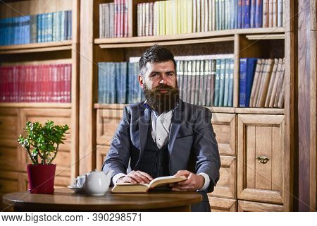 Aristocratic Lifestyle Concept. Aristocrat On Smiling Face Holds Book.