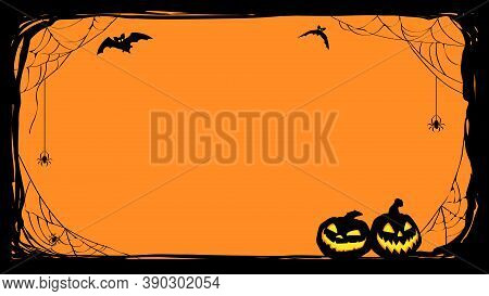 Halloween Night Background With Bats And Jack O' Lanterns. Vector Poster Illustration With Place For