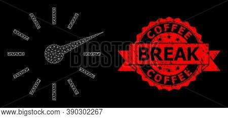 Mesh Network Clockface On A Black Background, And Coffee Break Textured Ribbon Stamp Seal. Red Stamp