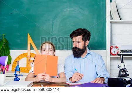 School Teacher And Schoolgirl. Man Bearded Teacher Excellent Pedagogue. Pedagogue Skills. Talented P