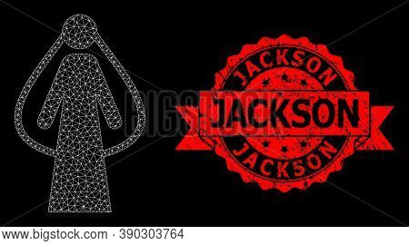 Mesh Polygonal Bride On A Black Background, And Jackson Rubber Ribbon Stamp Seal. Red Stamp Seal Con