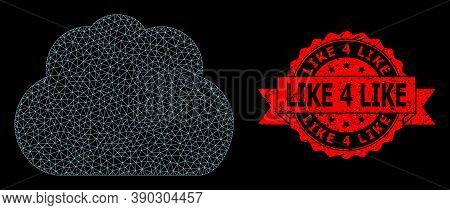 Mesh Network Cloud On A Black Background, And Like 4 Like Textured Ribbon Stamp. Red Stamp Seal Has 
